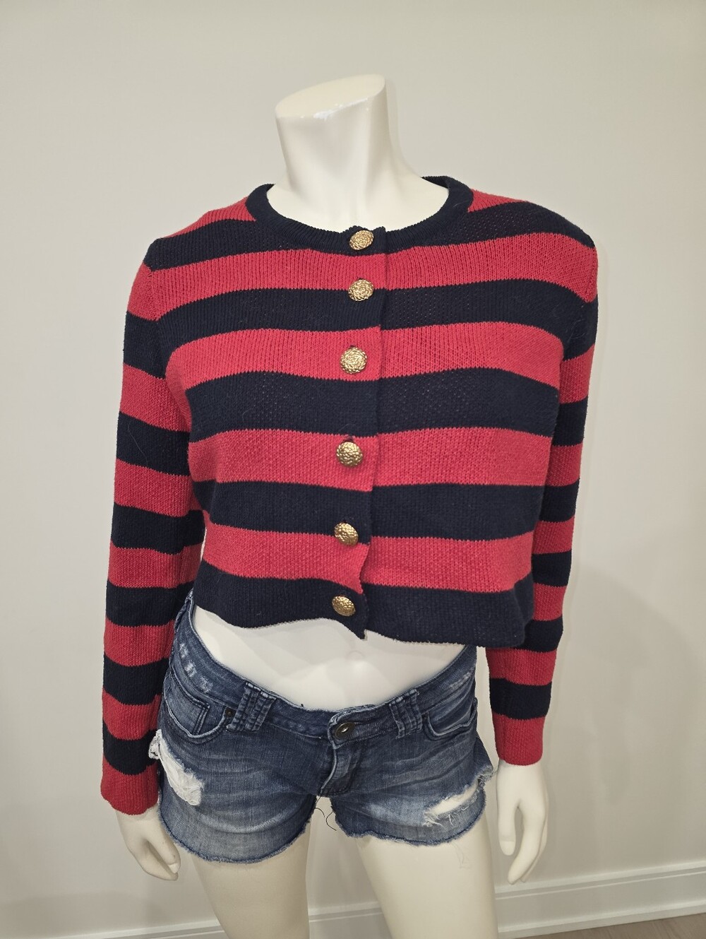 Zara Striped Navy and Red Cropped Cardigan Sweater With Gold Buttons M